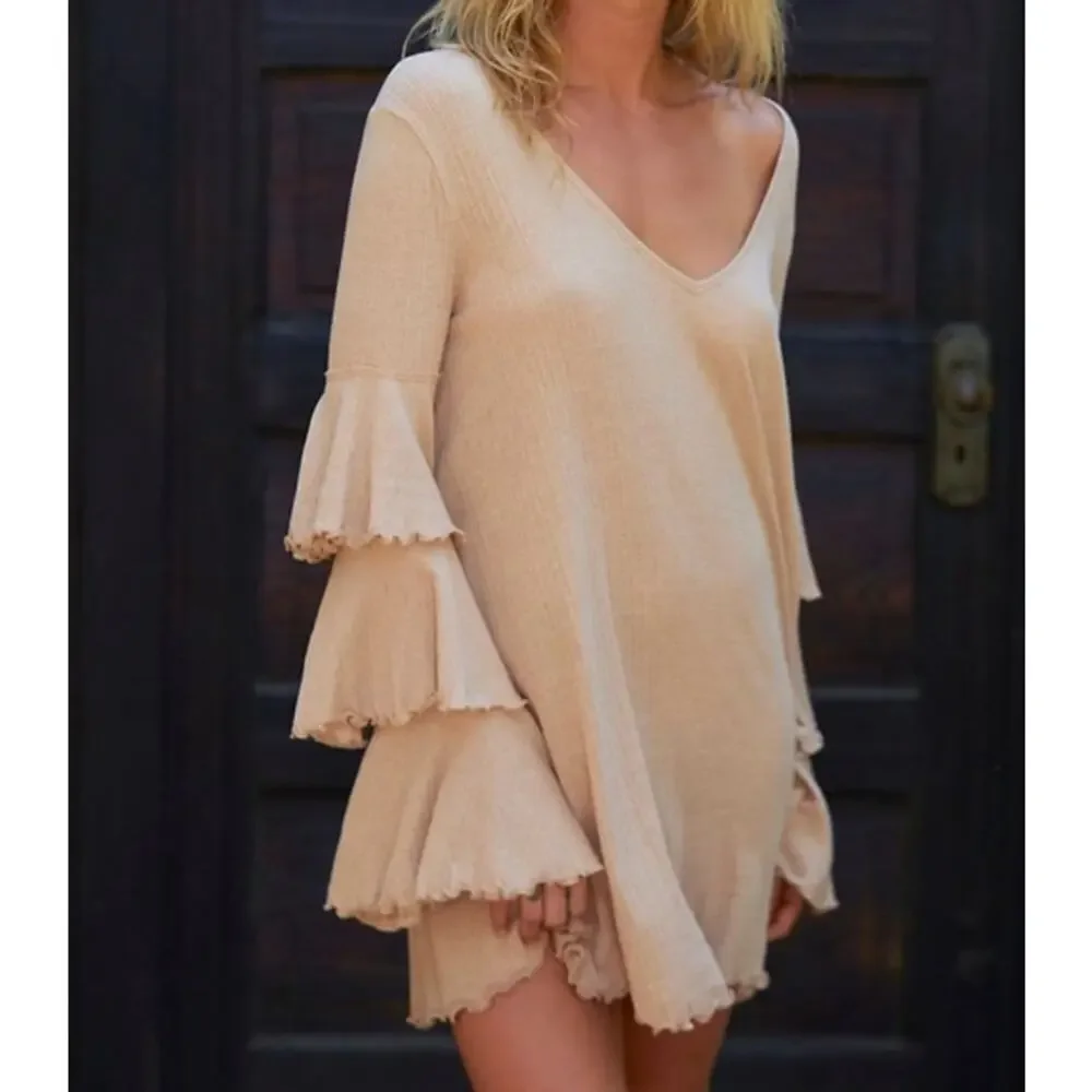 Free people Beach Seashore Ruffle Mini Dress Neutral Tan Size Medium